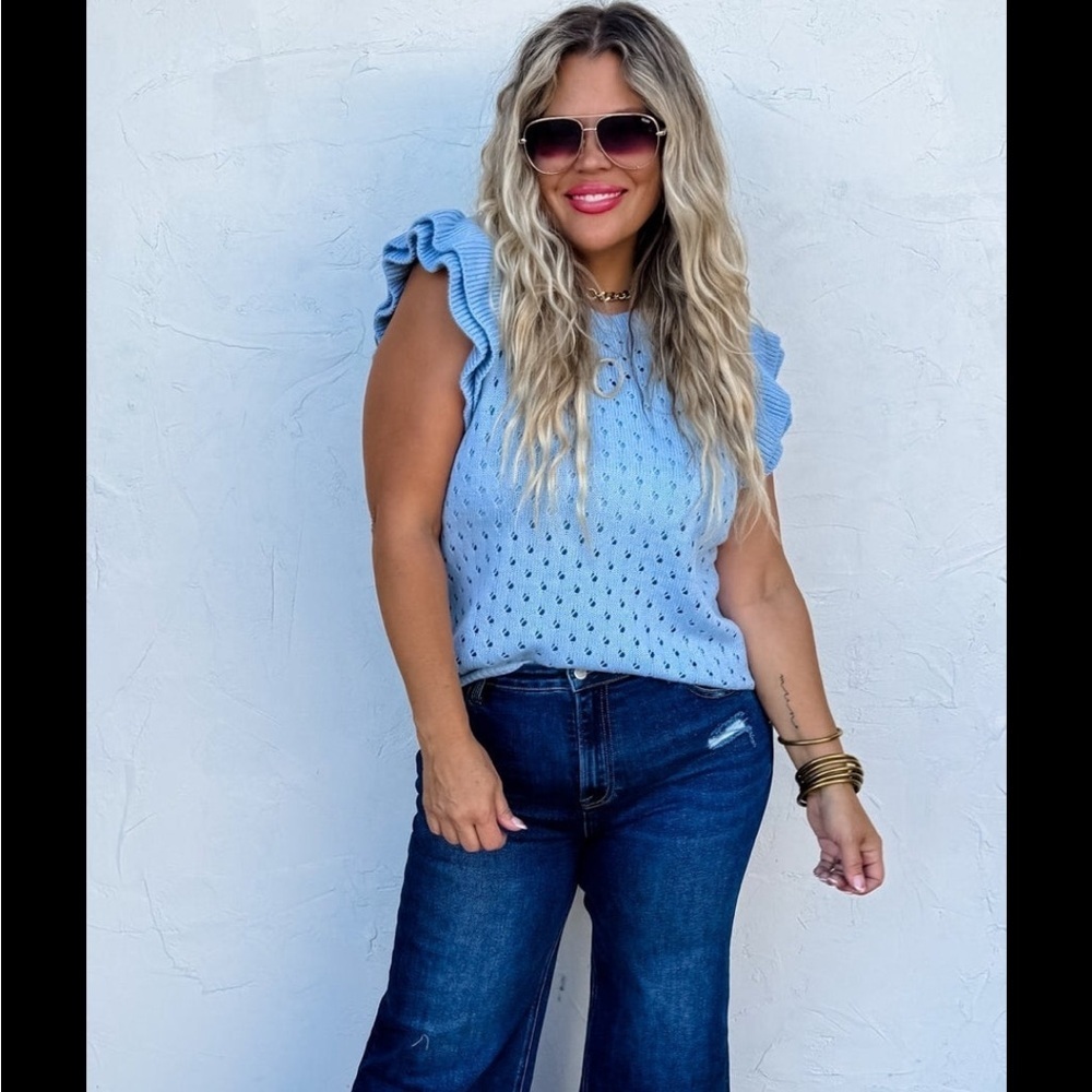 Light Blue Ruffle Sleeve Knit Sweater Tank - Women